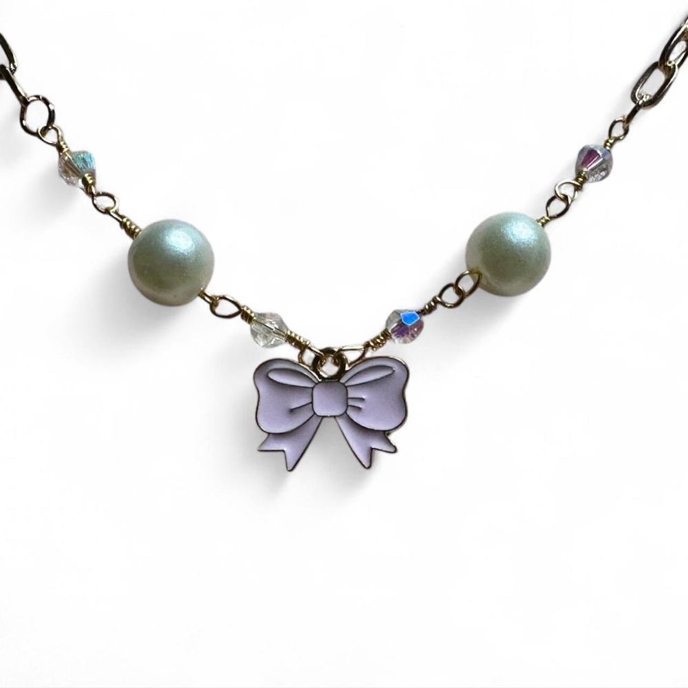 Artisan Pink Bow Necklace with Pearlescent Beads